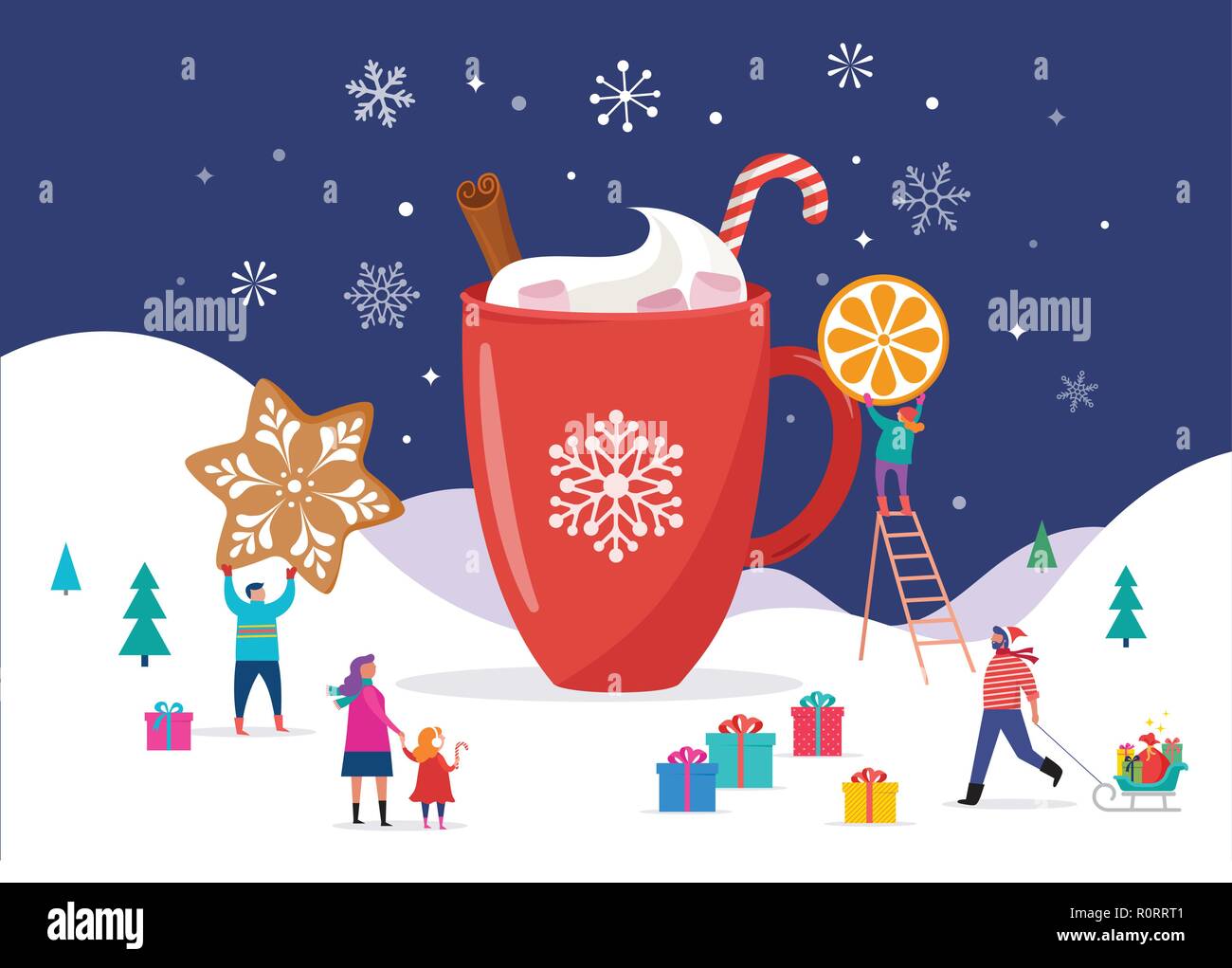 Merry Christmas, winter scene with a big cocoa mug and small people, young men and women, families having fun in snow, skiing, snowboarding, sledding, ice skating Stock Vector