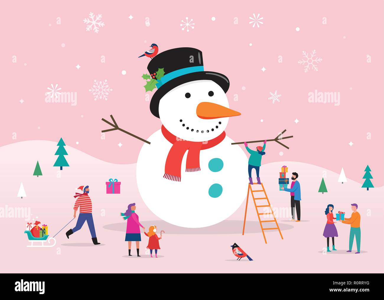 Merry Christmas card, background, bannner with huge snowman and small people, young men and women, families having fun in snow, skiing, snowboarding, sledding, ice skating, concept vector illustration Stock Vector
