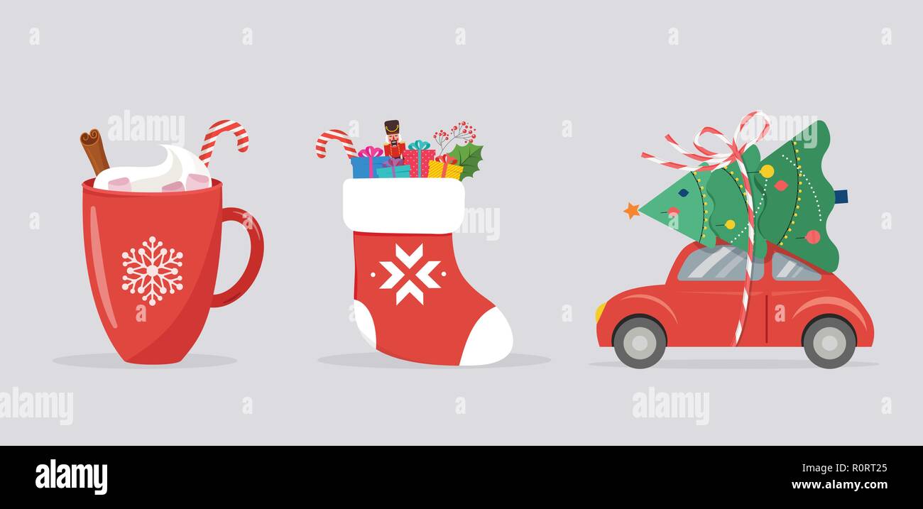 Merry Christmas background, banner with Xmas icons - car, sock and cocoa mug Stock Vector