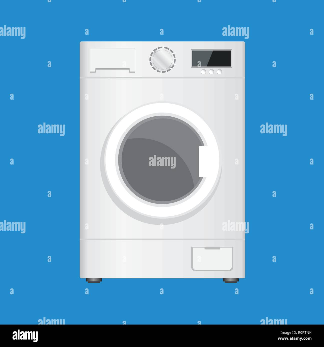 Washing machine isolated on blue background. Front view. Modern, realistic vector illustration of home appliances. Stock Vector
