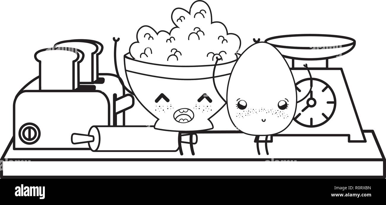 Kitchen And Food Kawaii Cartoons In Black And White Stock