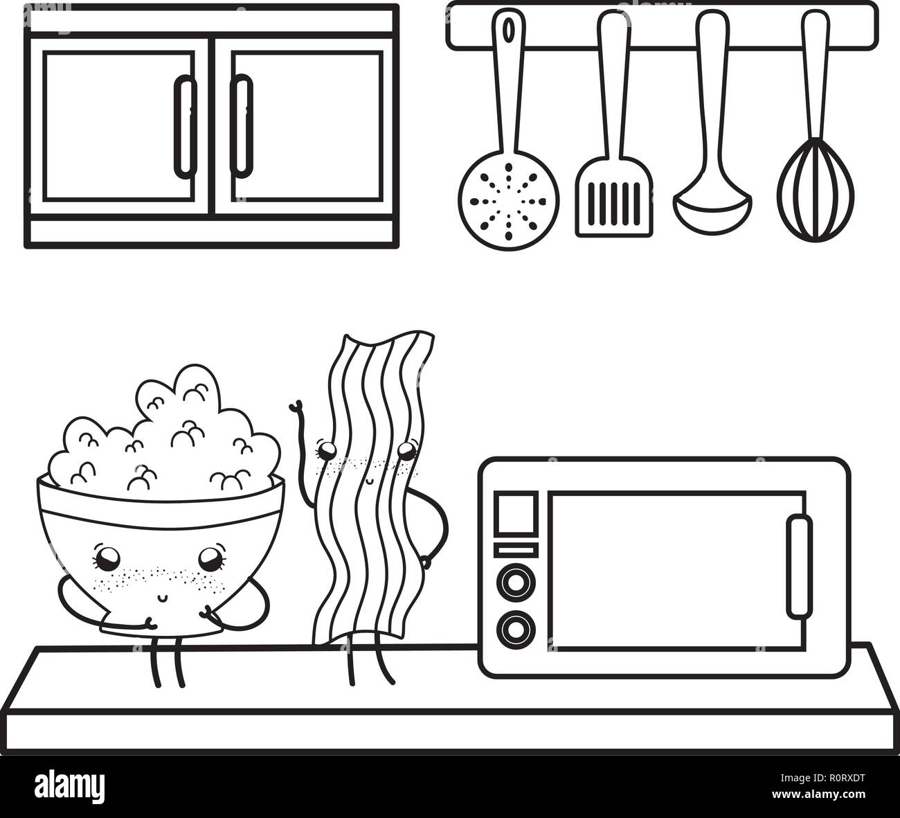 Kitchen and food kawaii cartoons in black and white Stock Vector Image \u0026  Art - Alamy, image size:1300x1181