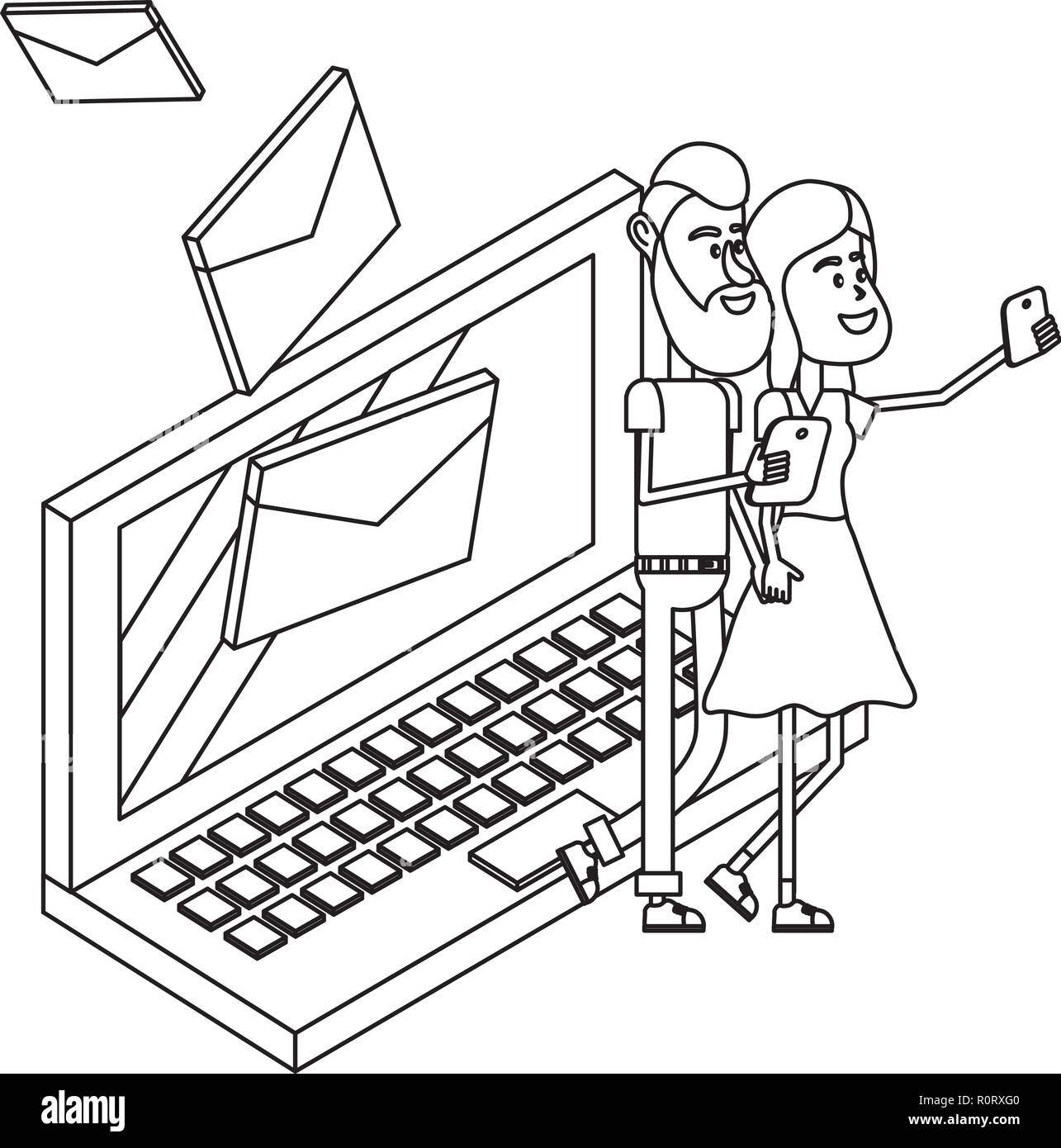 couple and email technology isometric in black and white Stock Vector ...