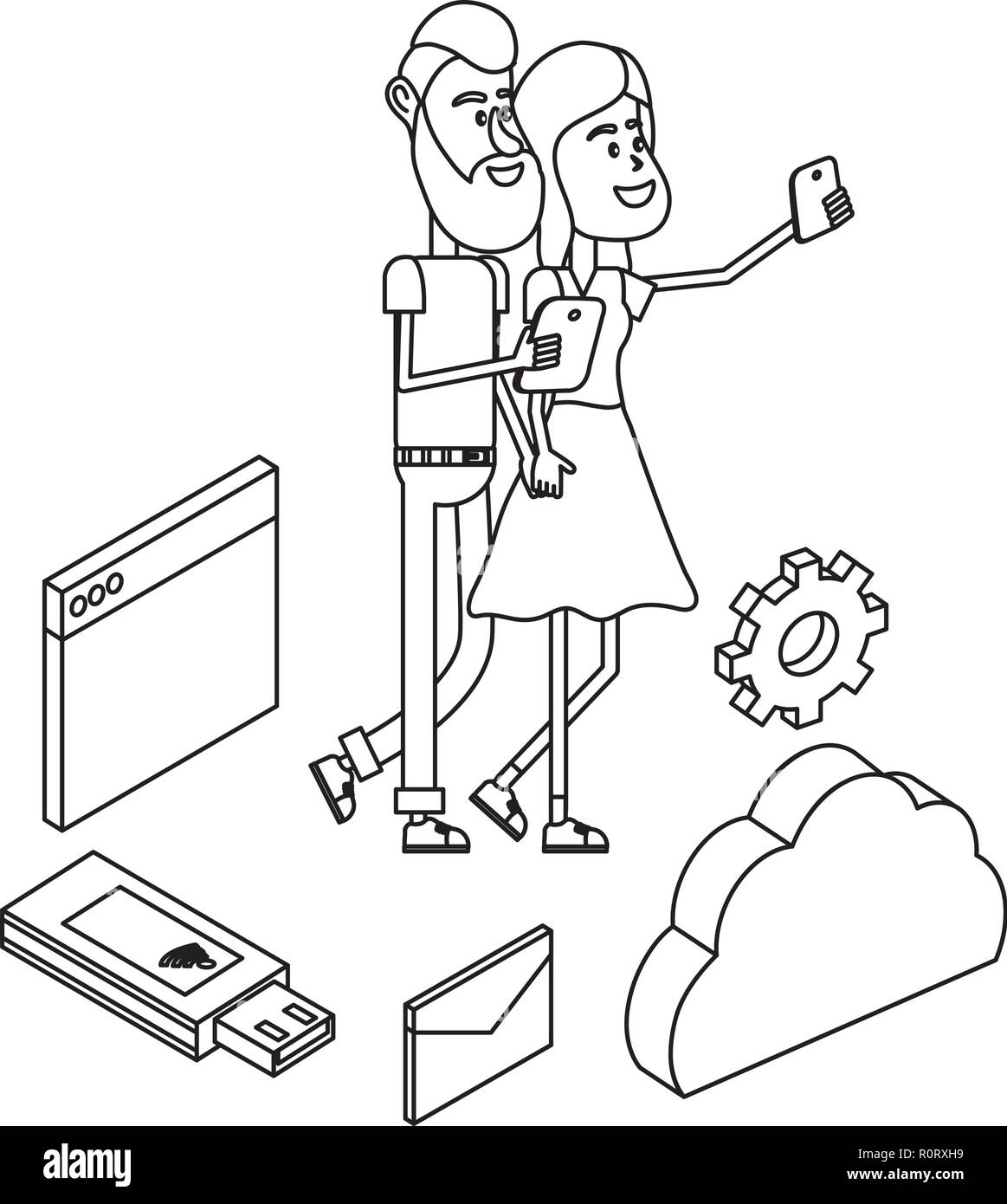 Couple and technology isometric in black and white Stock Vector Image ...