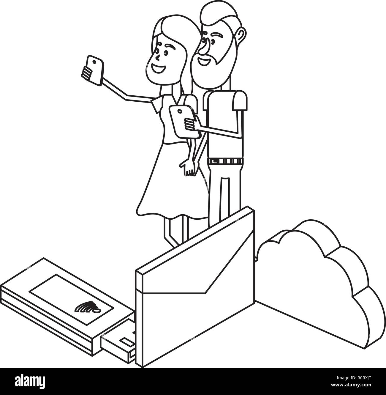 couple and email technology isometric in black and white Stock Vector ...