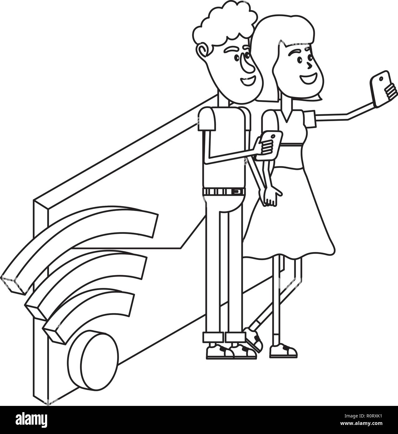 couple and email technology isometric in black and white Stock Vector ...