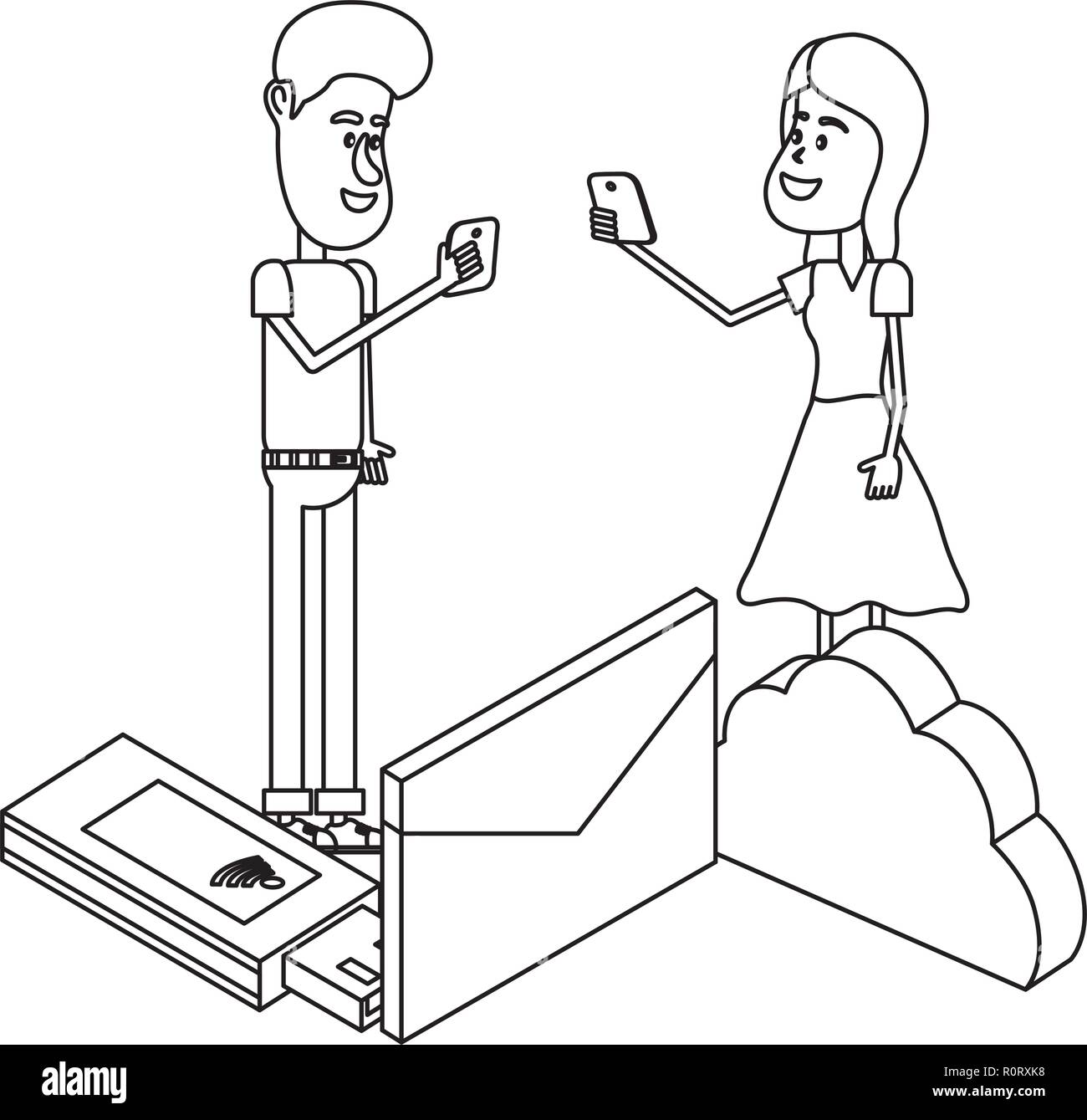couple and email technology isometric in black and white Stock Vector ...