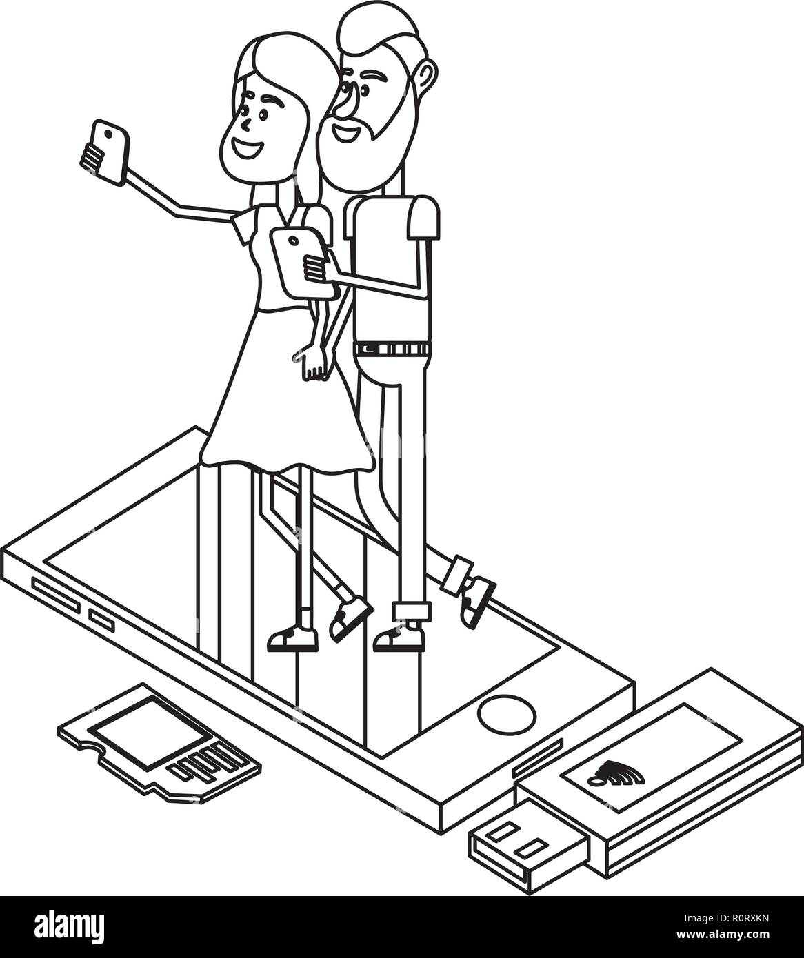Couple and technology isometric in black and white Stock Vector Image ...