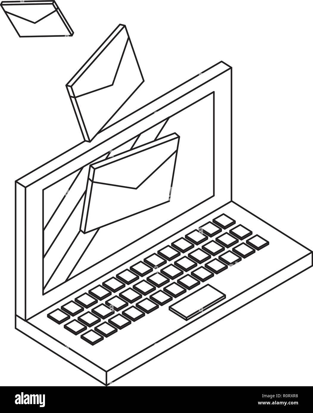Email and communication technology isometric concept in black and white ...