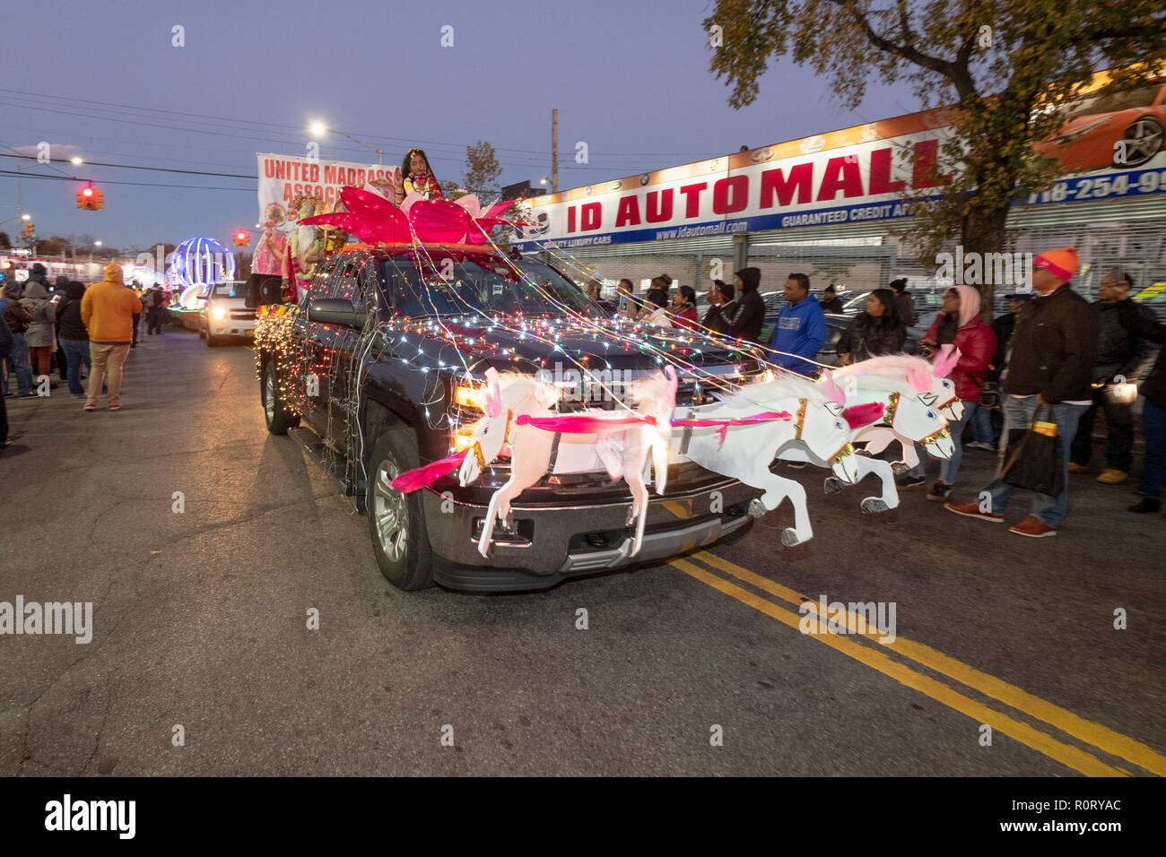 An ornate float in the 2018 Diwali Motorcade Parade in Richmond Hill, Queens, New York City. Stock Photo