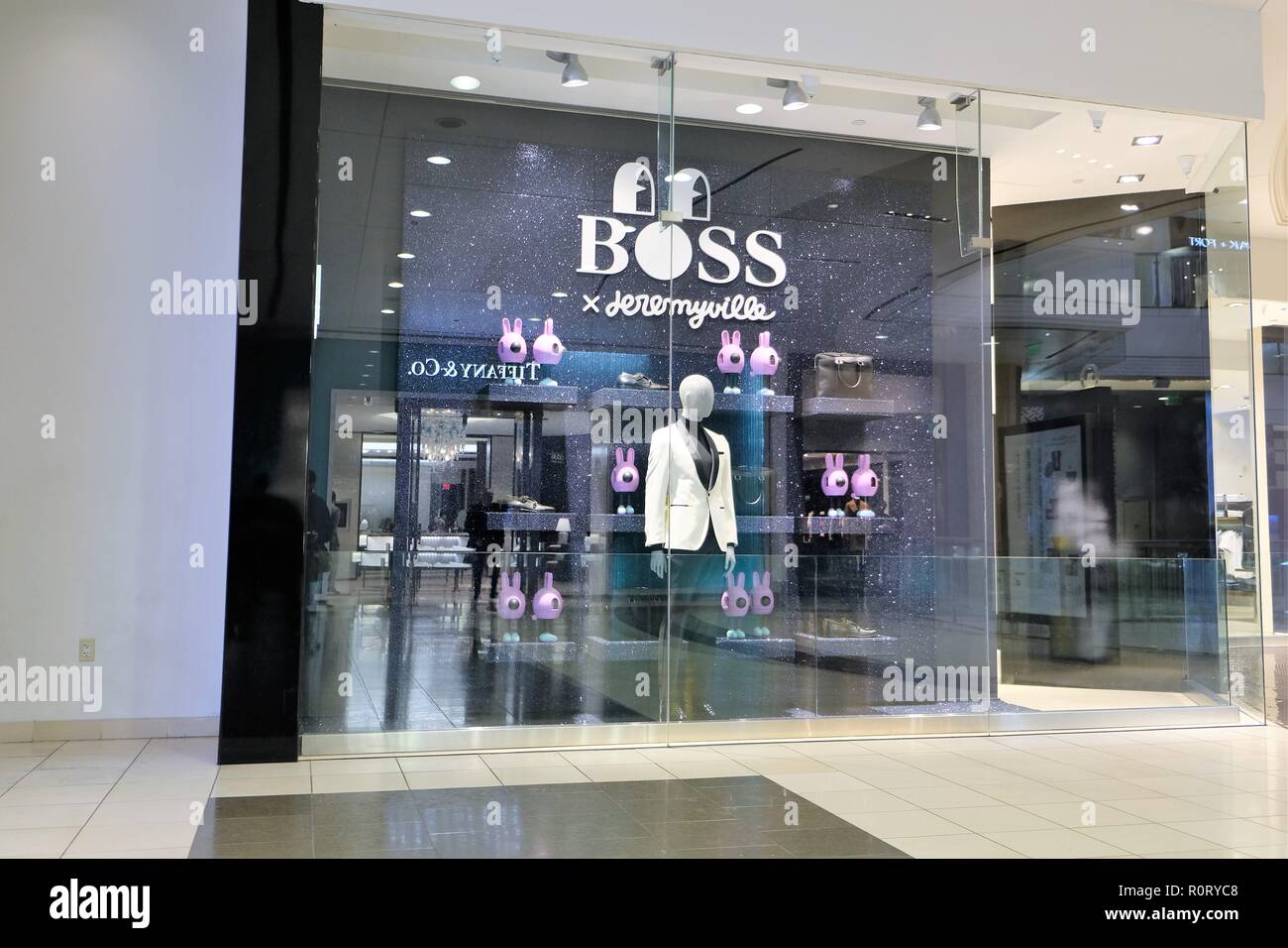 Hugo Boss store display featuring collaboration with New York-based artist  Jeremyville on a new collection and campaign for the 2018 holiday season  Stock Photo - Alamy