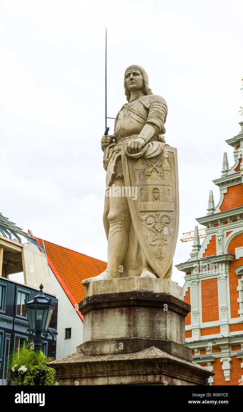 Riga, Latvia’s capital, Statue of patron saint Roland standing in Riga old town Stock Photo