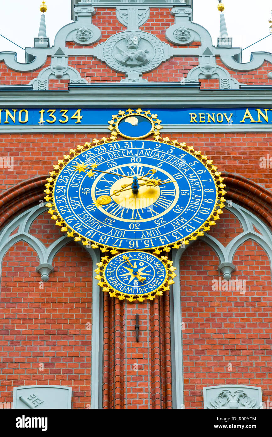Riga, Latvia’s capital, Clock by the House of the Blackheads at the