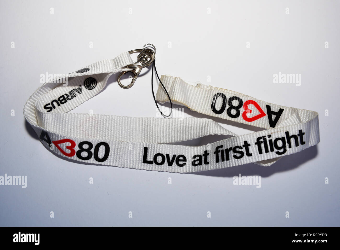 Airbus A380 Love at first flight lanyard, neck strap. Isolated on white background Stock Photo