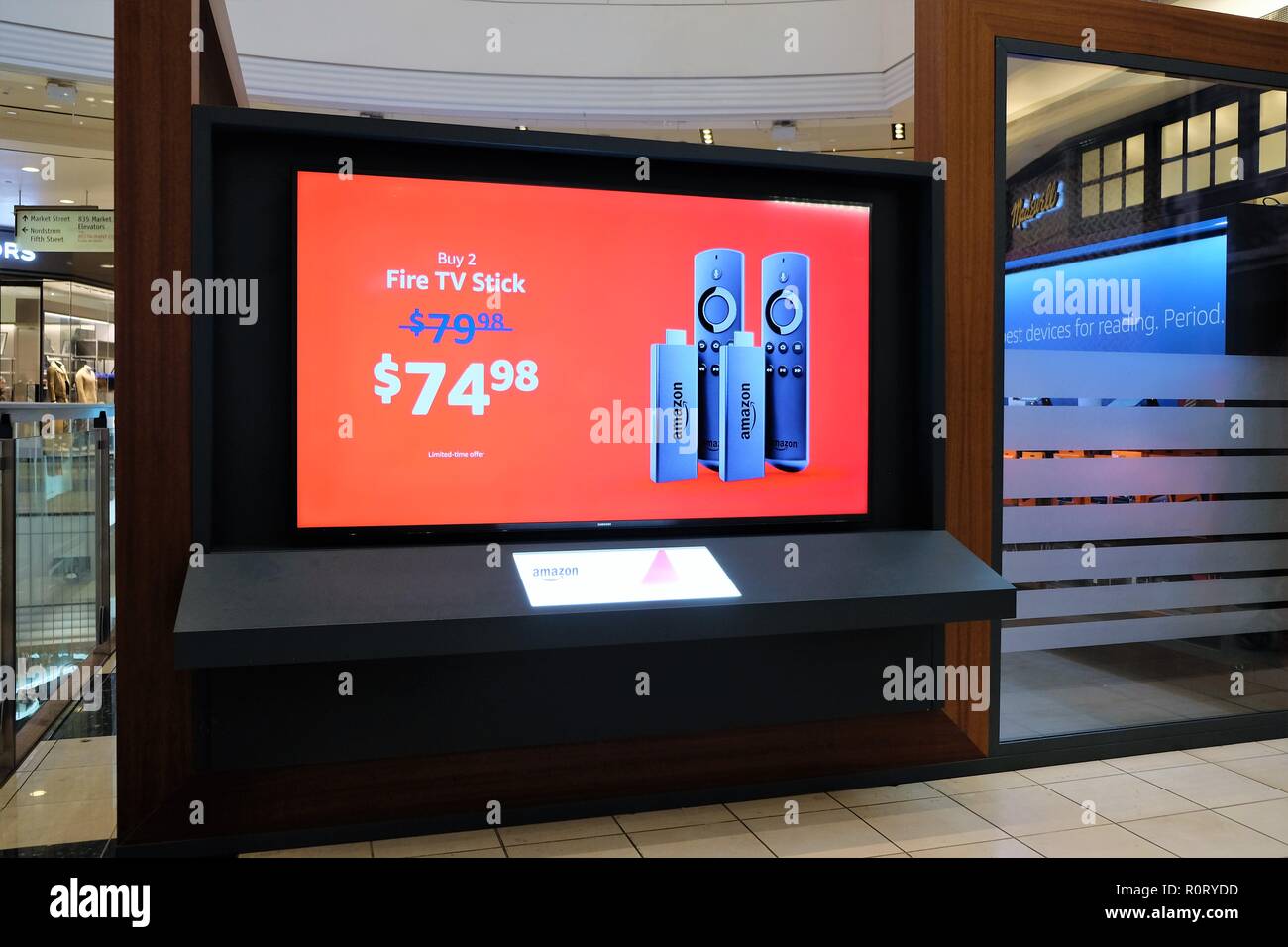 Monitor Advertising Sale Price Of Amazon Fire Tv Stick At The Westfield San Francisco Centre San Francisco California Usa Stock Photo Alamy