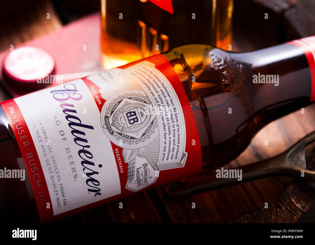 LONDON, UK APRIL 27, 2018 Glass bottle of budweiser beer with beer