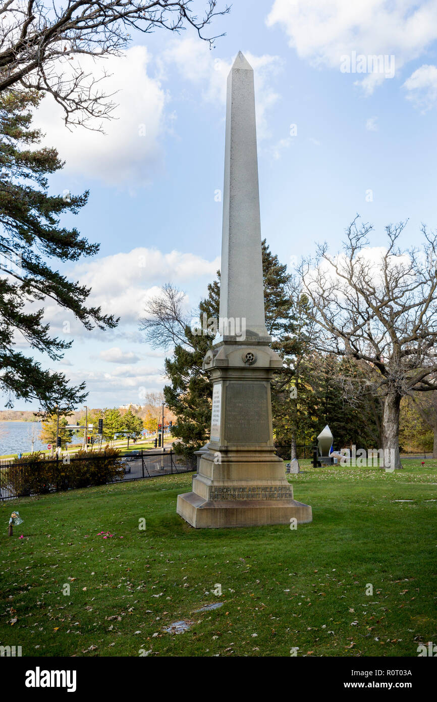 An 1885 obelisk monument erected in the Lakewood Cemetery by the Minneapolis Head Miller's Association, in memory of those who lost their lives in the Stock Photo