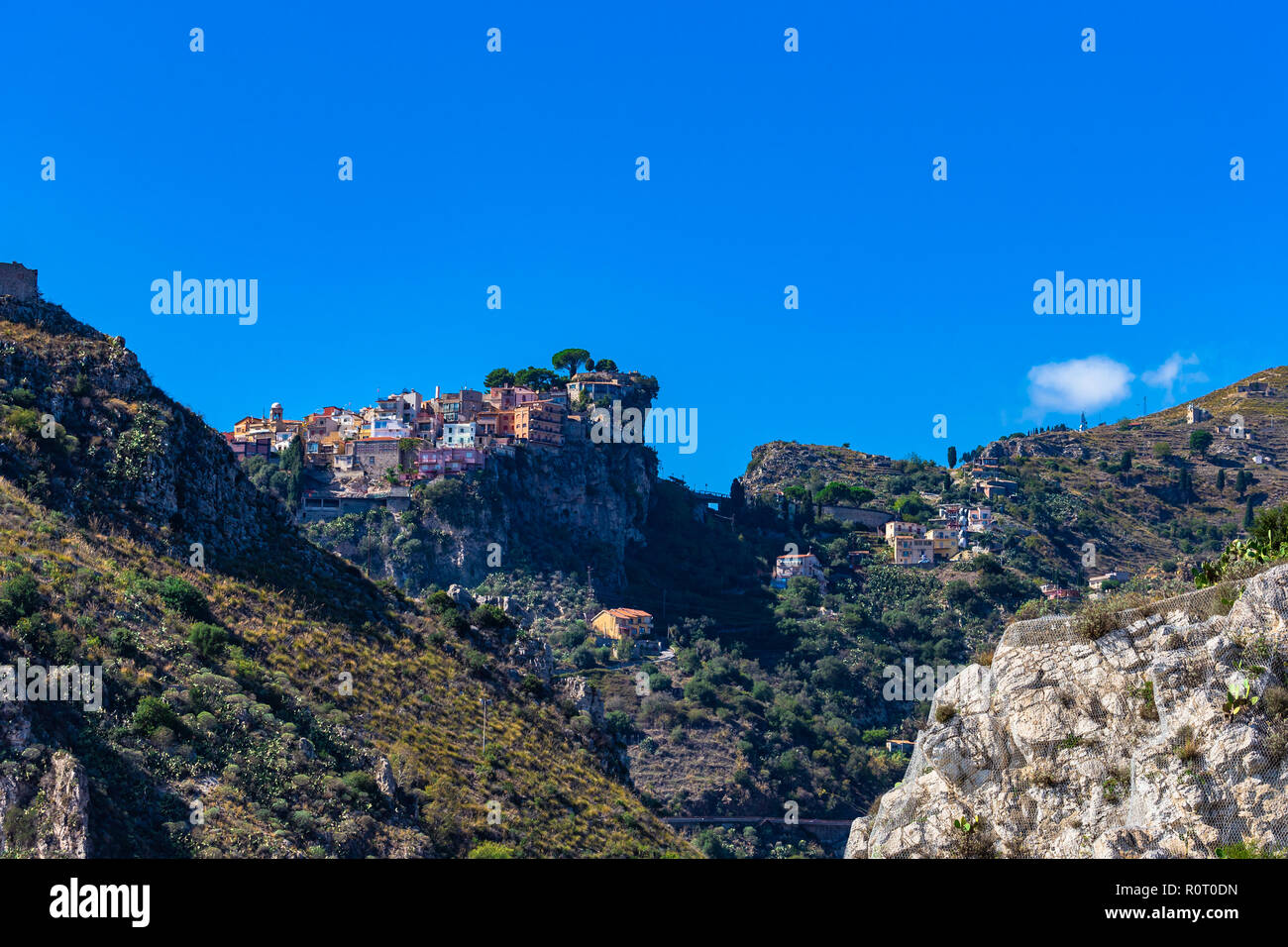 Castelmola: typical Sicilian village perched on a mountain, close to Taormina. Messina province, Sicily, Italy. Stock Photo