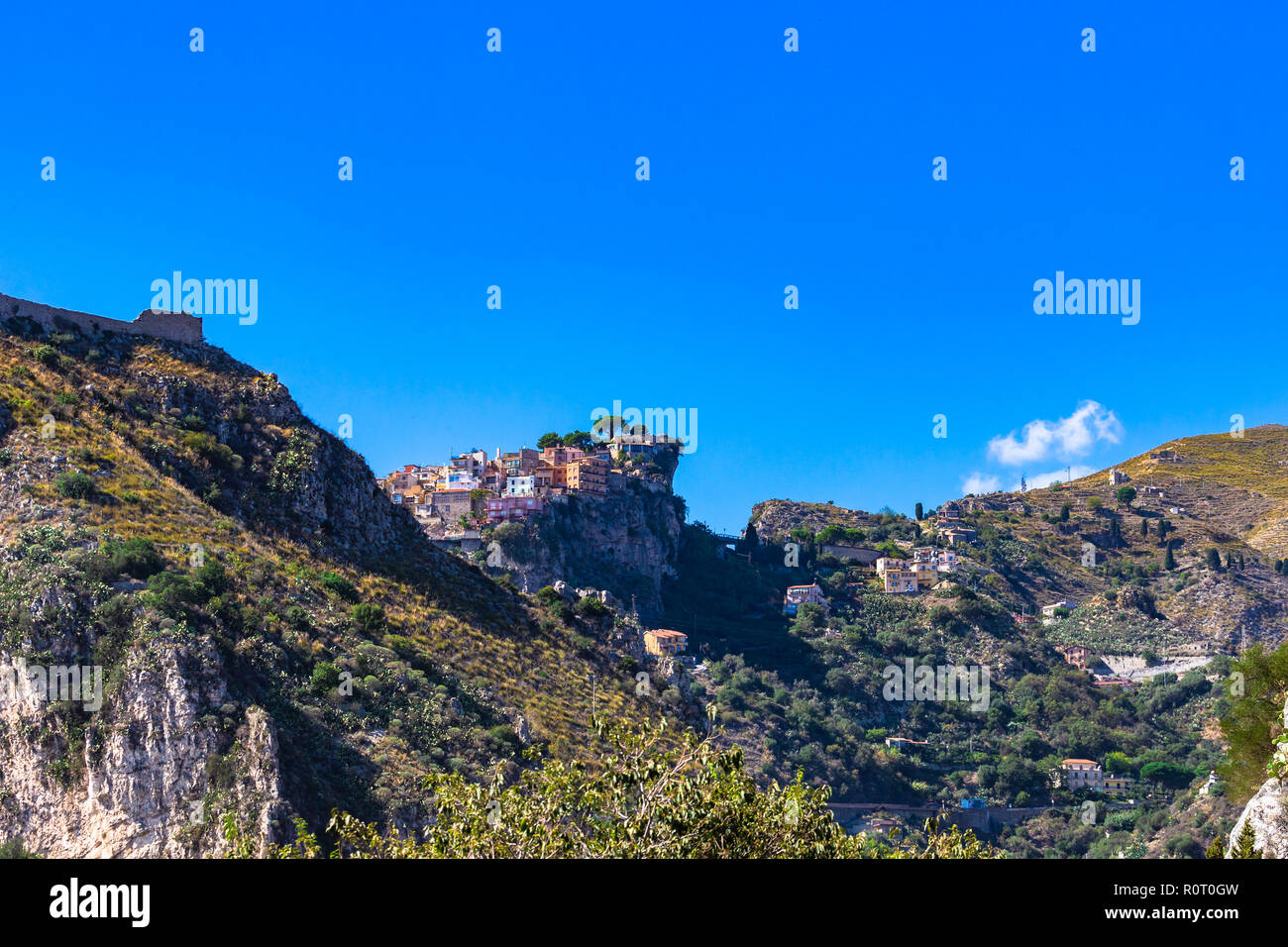 Castelmola: typical Sicilian village perched on a mountain, close to Taormina. Messina province, Sicily, Italy. Stock Photo