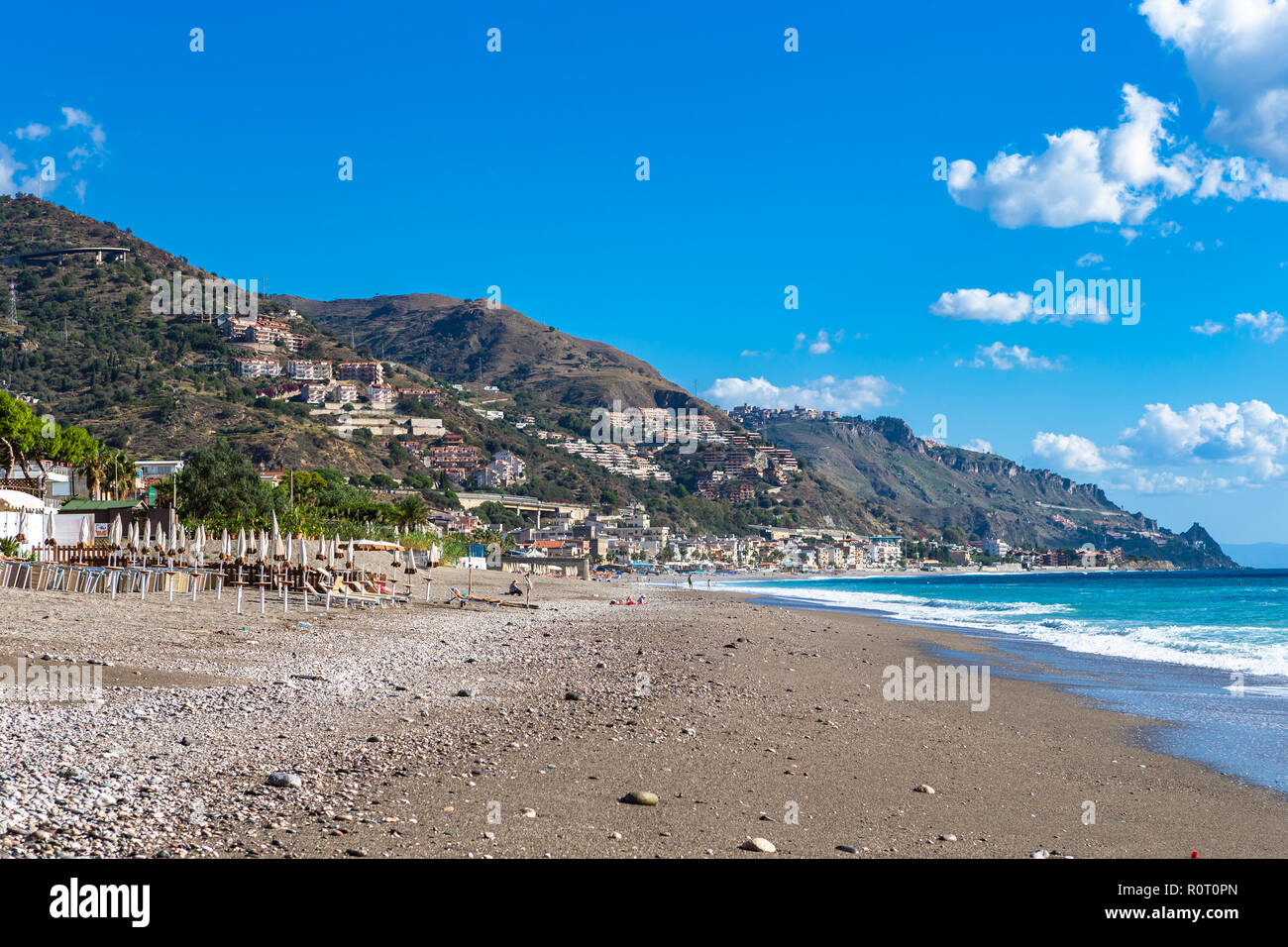 Letojanni. Nestled to the north of Taormina, Letojanni is a popular coastal resort. Sicily, Italy. Stock Photo