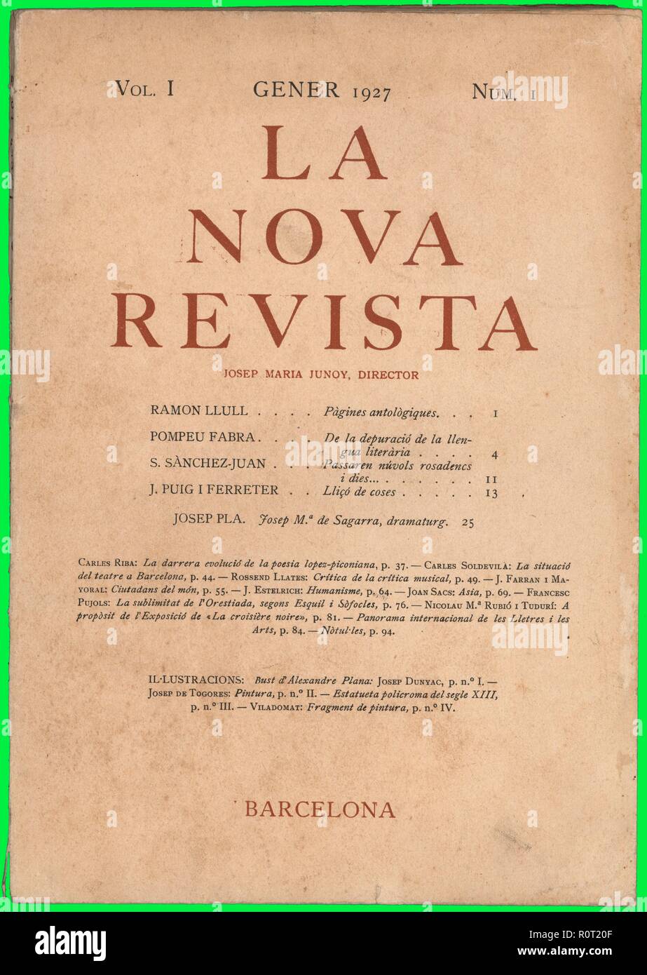 Portada de la revista literaria La Nova Revista, número uno, editada en Barcelona, enero de 1927. Stock Photo