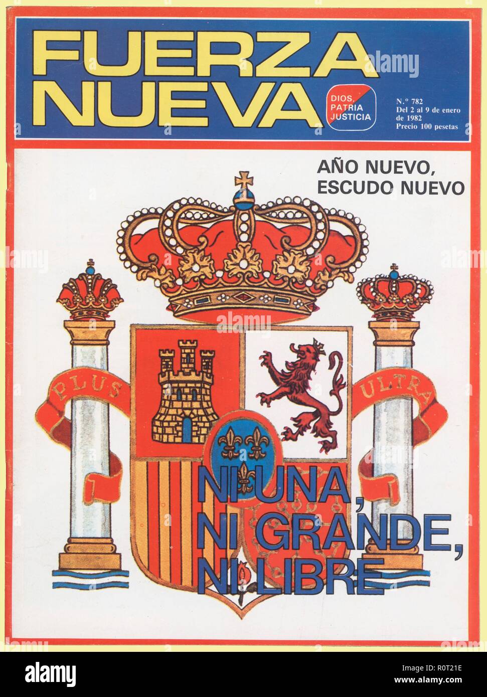 Portada de la revista Fuerza Nueva, órgano del partido de extrema derecha. Madrid, 1982. Stock Photo