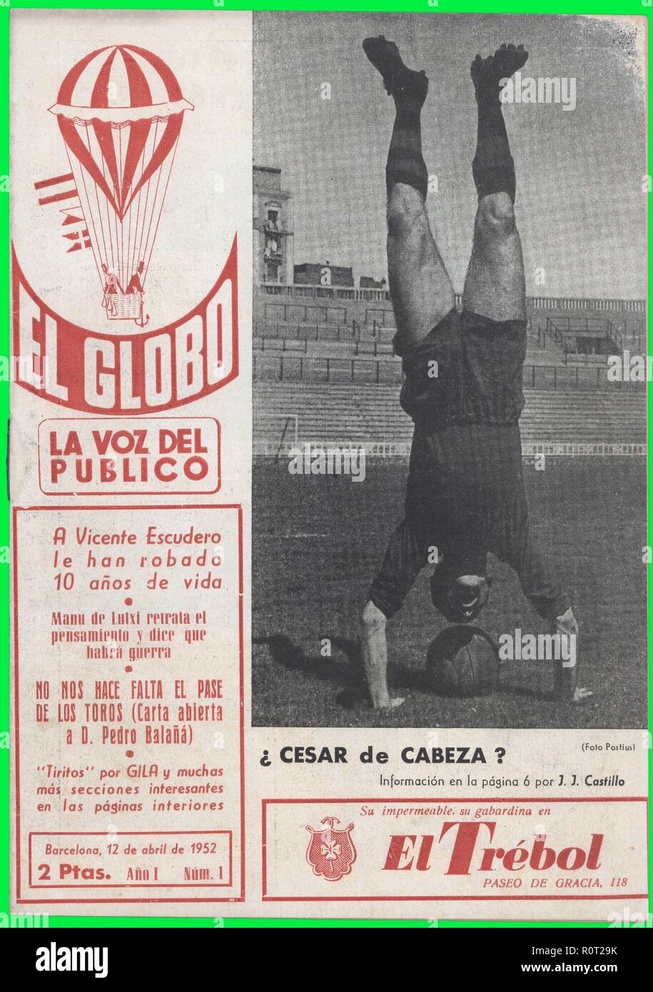 Portada de la revista deportiva El Globo, número uno, editada en Barcelona, abril de 1952. Stock Photo