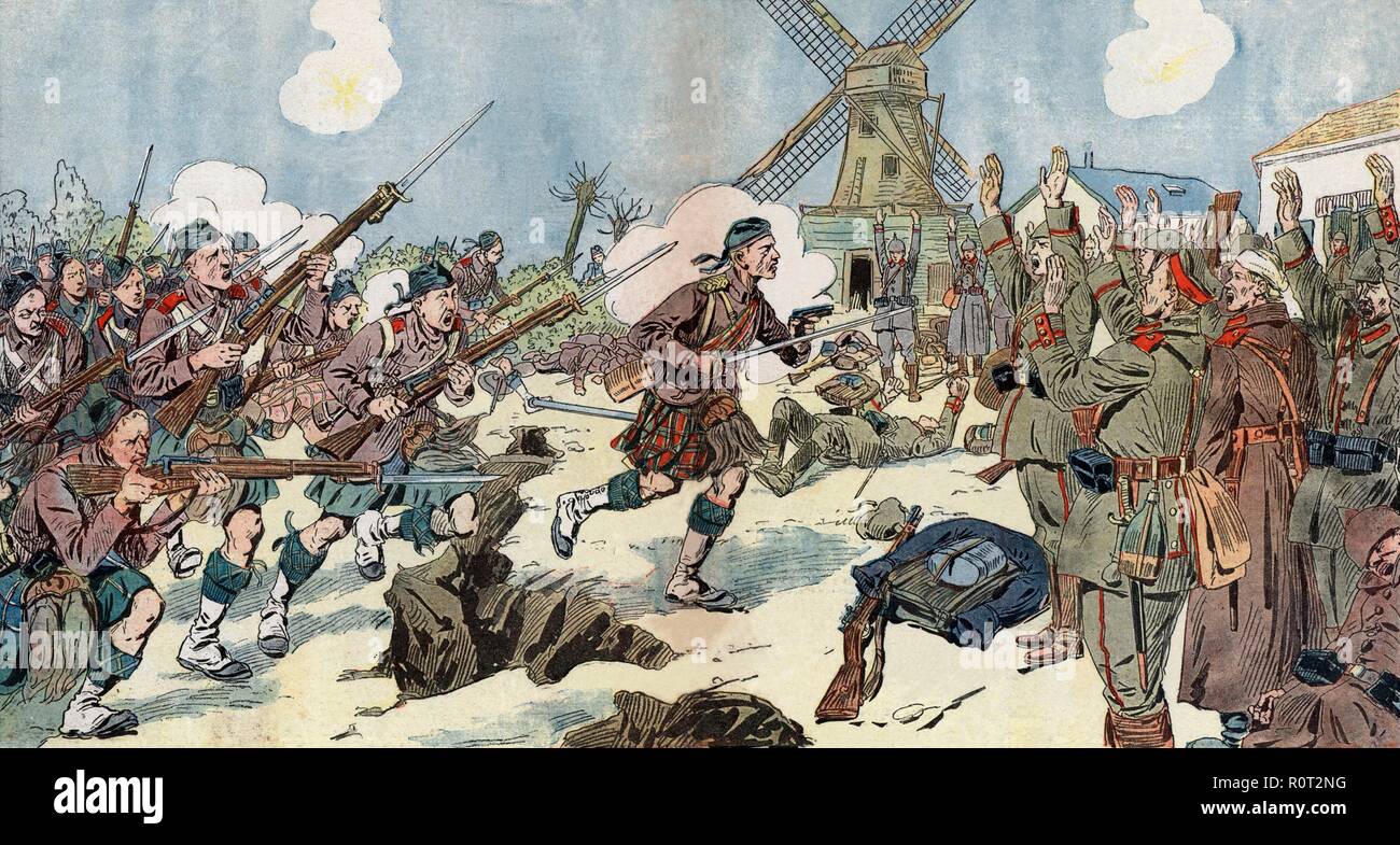 Primera guerra mundial (1914-1918). Rendición de tropas alemanas ante soldados escoceses tras la batalla de Langemark, Flandes, en ocubre de 1914. Stock Photo