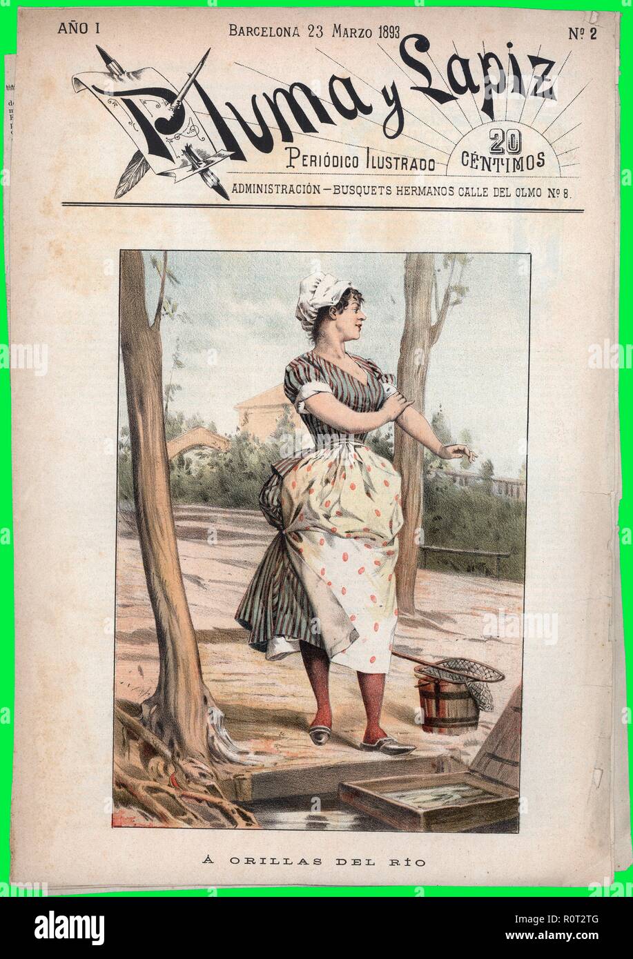Portada del periódico ilustrado Pluma y Lápiz, número dos, editado en Barcelona, marzo de 1893. Stock Photo