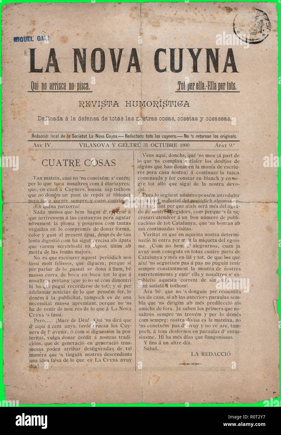 Portada de la revista humorística La Nova Cuyna, editada en Vilanova i la Geltrú, octubre de 1890. Stock Photo
