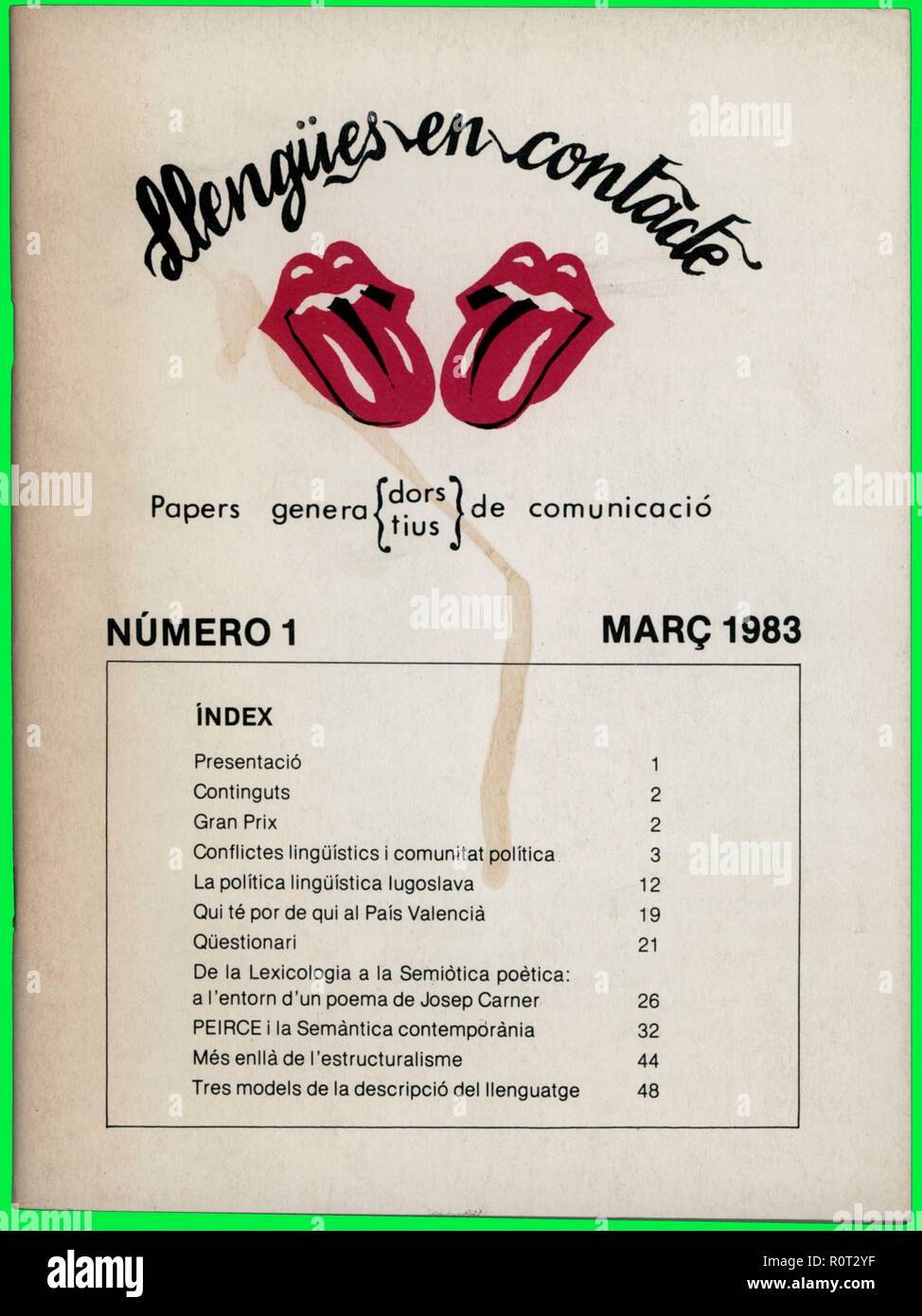 Portada de la revista literaria Llengües en contacte, número uno, editada en Barcelona, marzo de 1983. Stock Photo