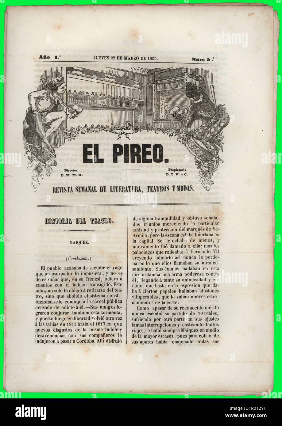 Portada de la revista de literatura, teatro y moda El Piero, editada en Barcelona, marzo de 1855. Stock Photo