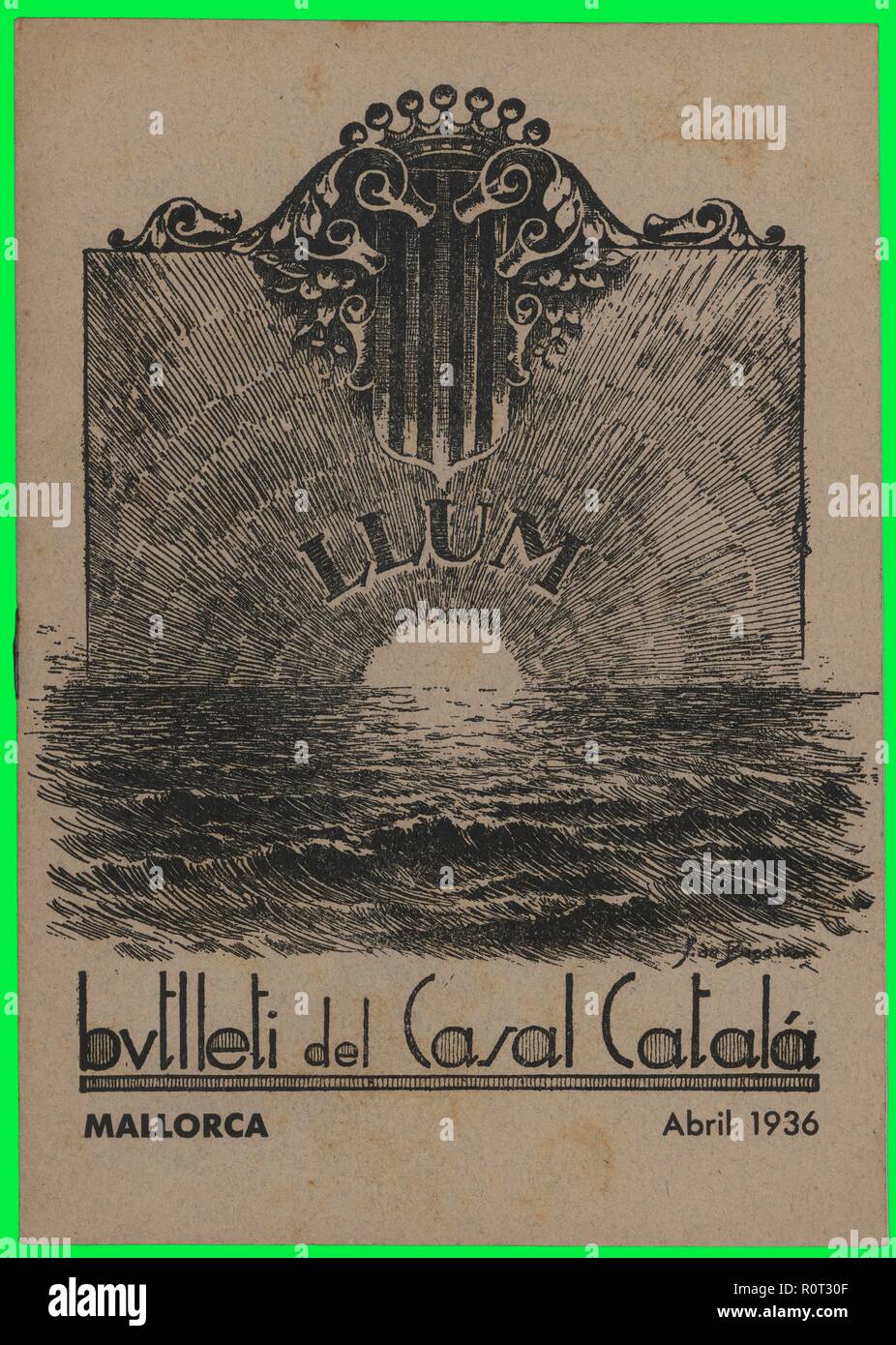 Portada de la revista Llum,  Butlletí del Casal Catalá, editado en Palma de Mallorca, abril de 1936. Stock Photo