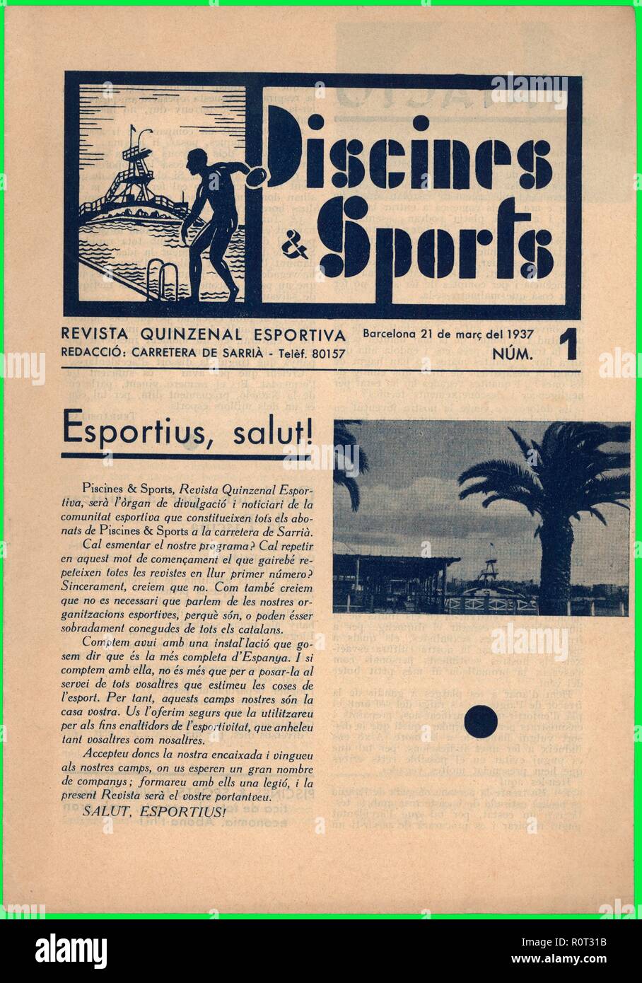 Portada de la revista Piscines & Sports, número uno, editada en Barcelona, marzo de 1937. Stock Photo