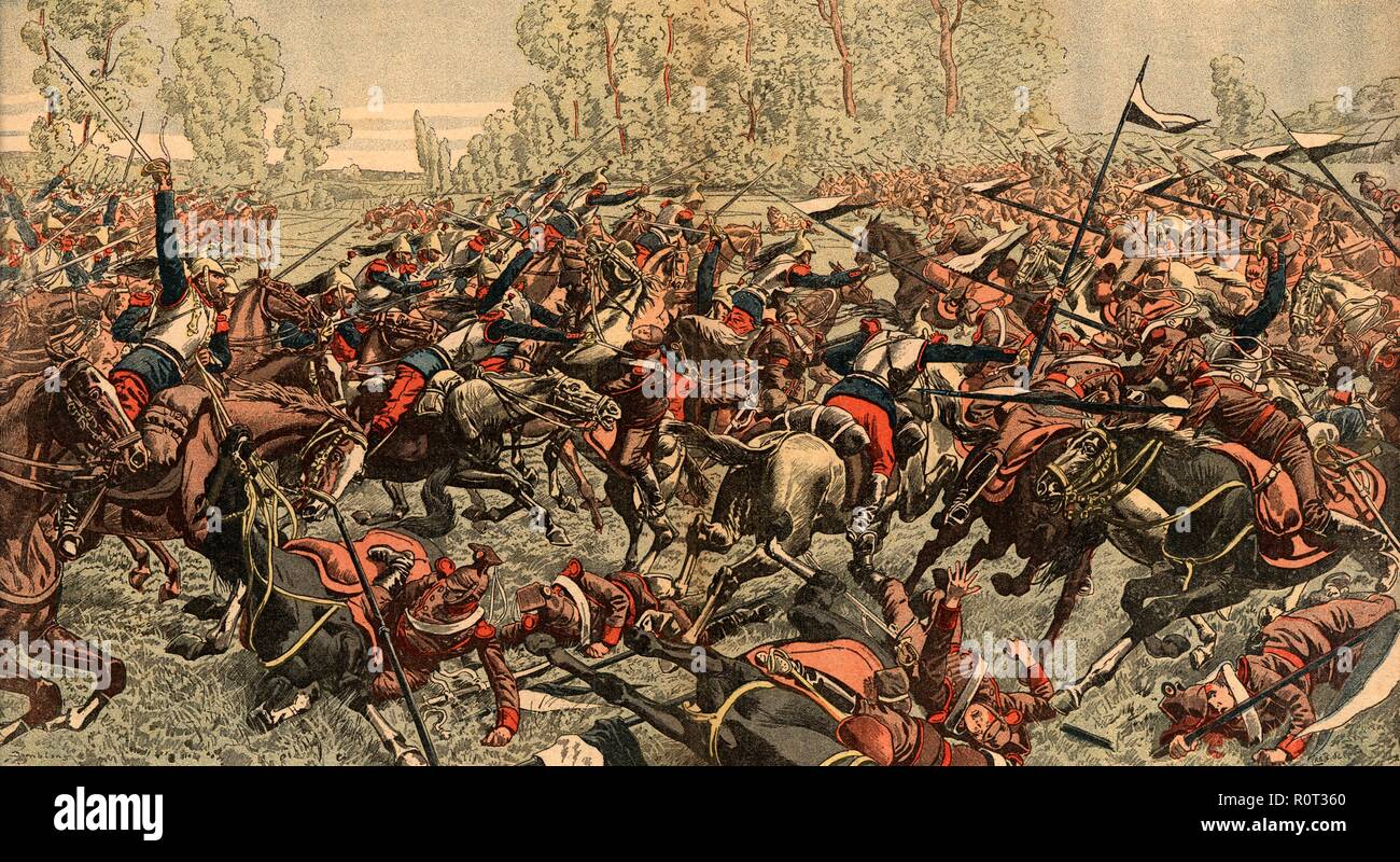 Primera guerra mundial (1914-1918). Carga de coraceros franceses contra los hulanos alemanes del emperador Guillermo cerca de Flandes. Año 1914. Stock Photo