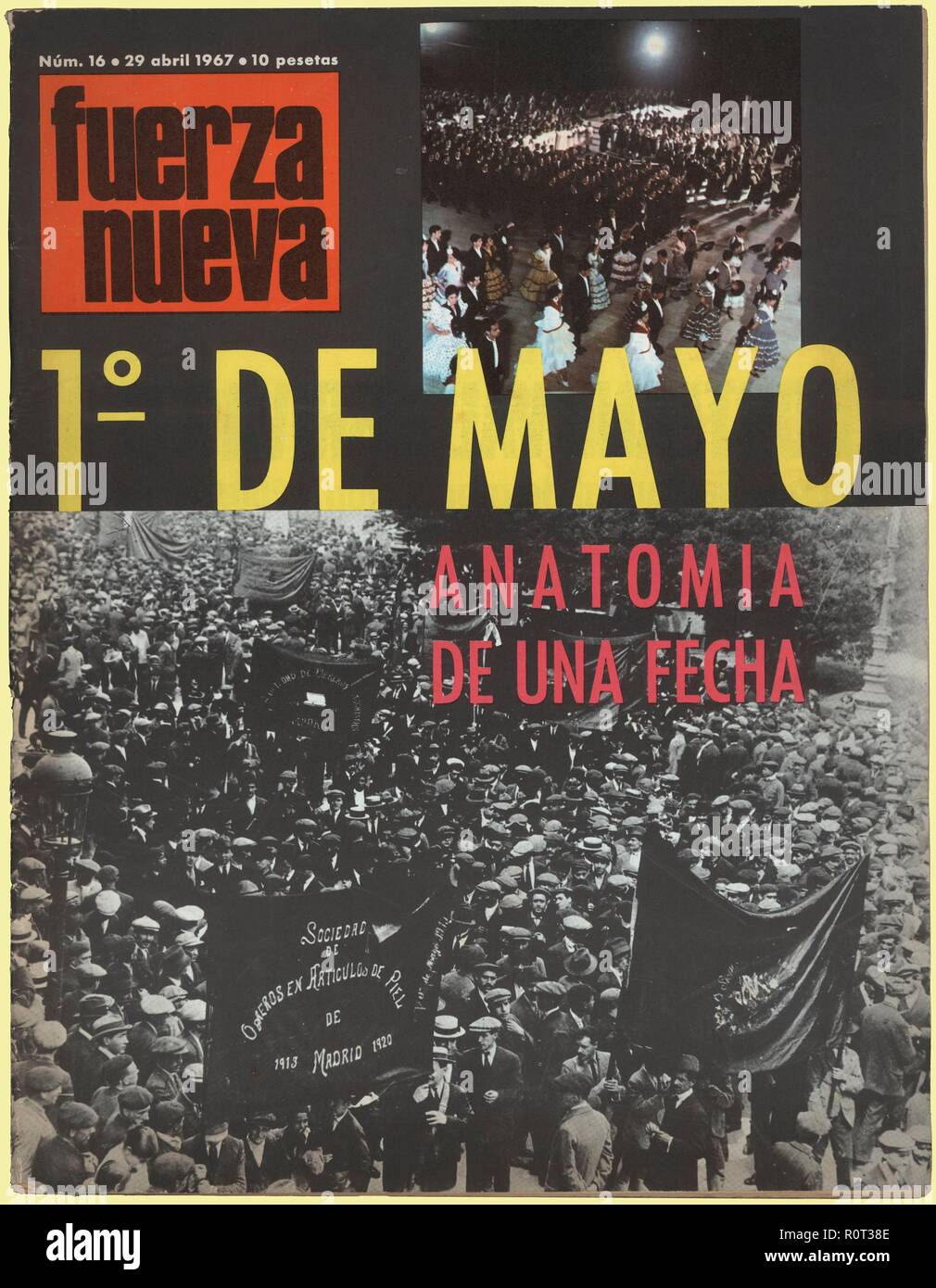 Portada de la revista Fuerza Nueva, órgano del partido político de extrema derecha, en la jornada de la Fiesta del trabajo, el 1 de mayo de 1967. Madrid, 1967. Stock Photo
