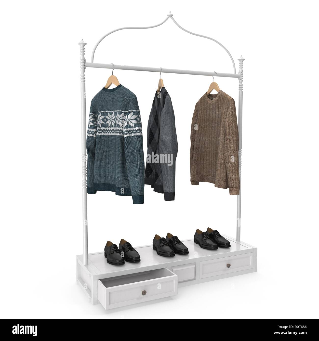 Empty Iron Clothing Display Rack with Clothes on white. 3D illustration ...