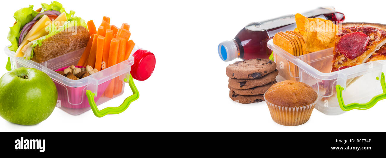 Healthy Vs unhealthy lunch boxes Stock Photo Alamy