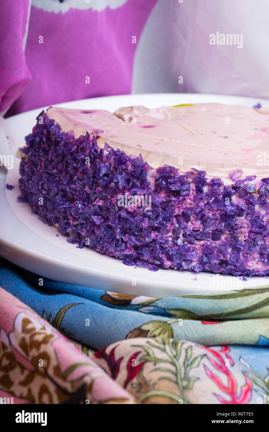 This is yummy purple yam cake on white plate, The root vegetable ,which