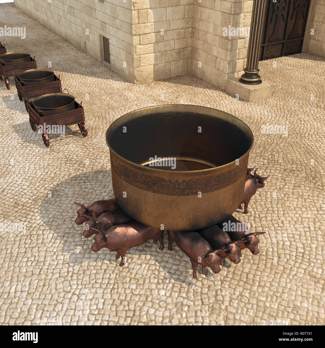 King Solomon's temple with bronze pillars named Boaz and Jachin on white. 3D illustration Stock