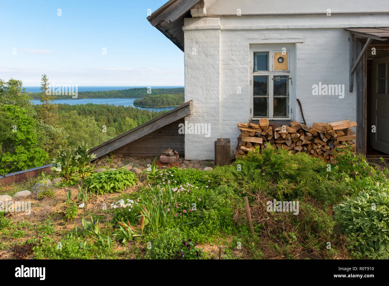 View of the island of Anzersky, monastery building, and the White Sea ...