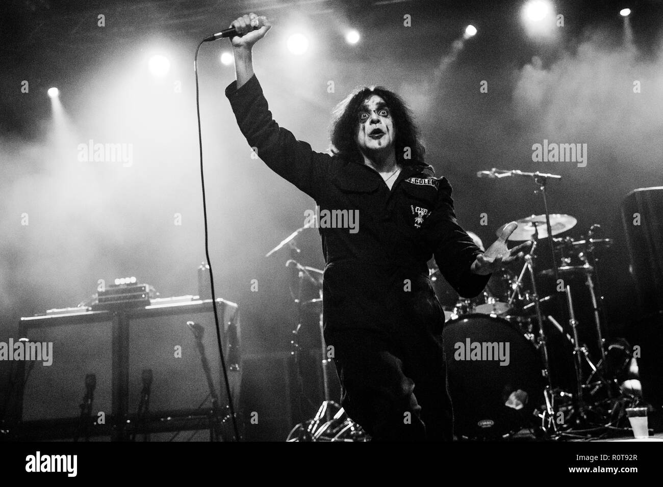 Killing Joke (vocallist Jaz Coleman) live performance in Newcastle 4th November 2018 at Northumbria Institute in black and white Stock Photo