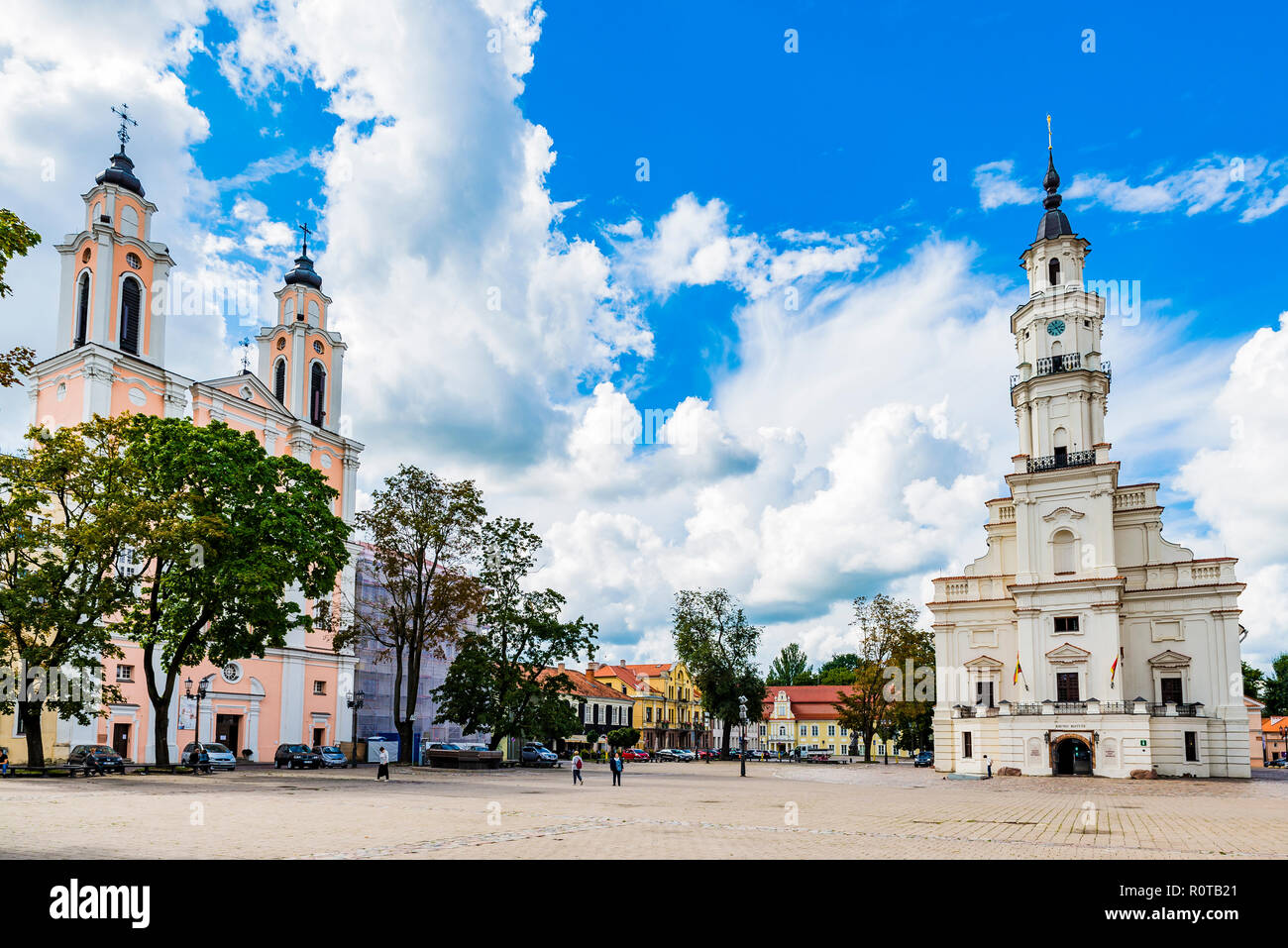 Church of St. Francis Xavier and the Town Hall of Kaunas, also called the white swan. Kaunas, Kaunas County, Lithuania, Baltic states, Europe. Stock Photo