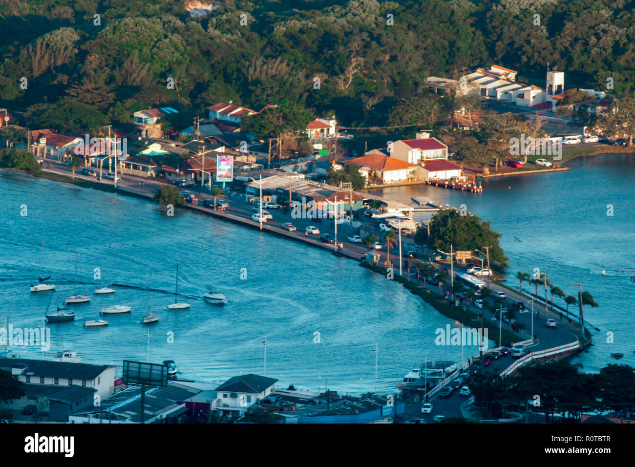 bridge, road, houses, boats at aerial view of lagoa da conceição, florianopolis, santa catarina, brazil Stock Photo