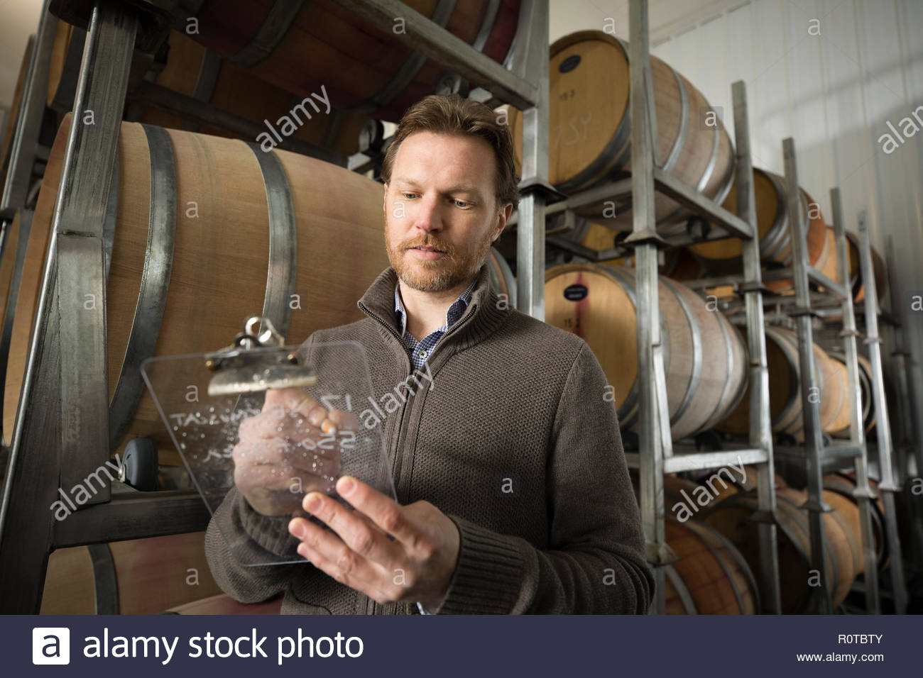 Winemaker with clipboard taking notes at vineyard Stock Photo