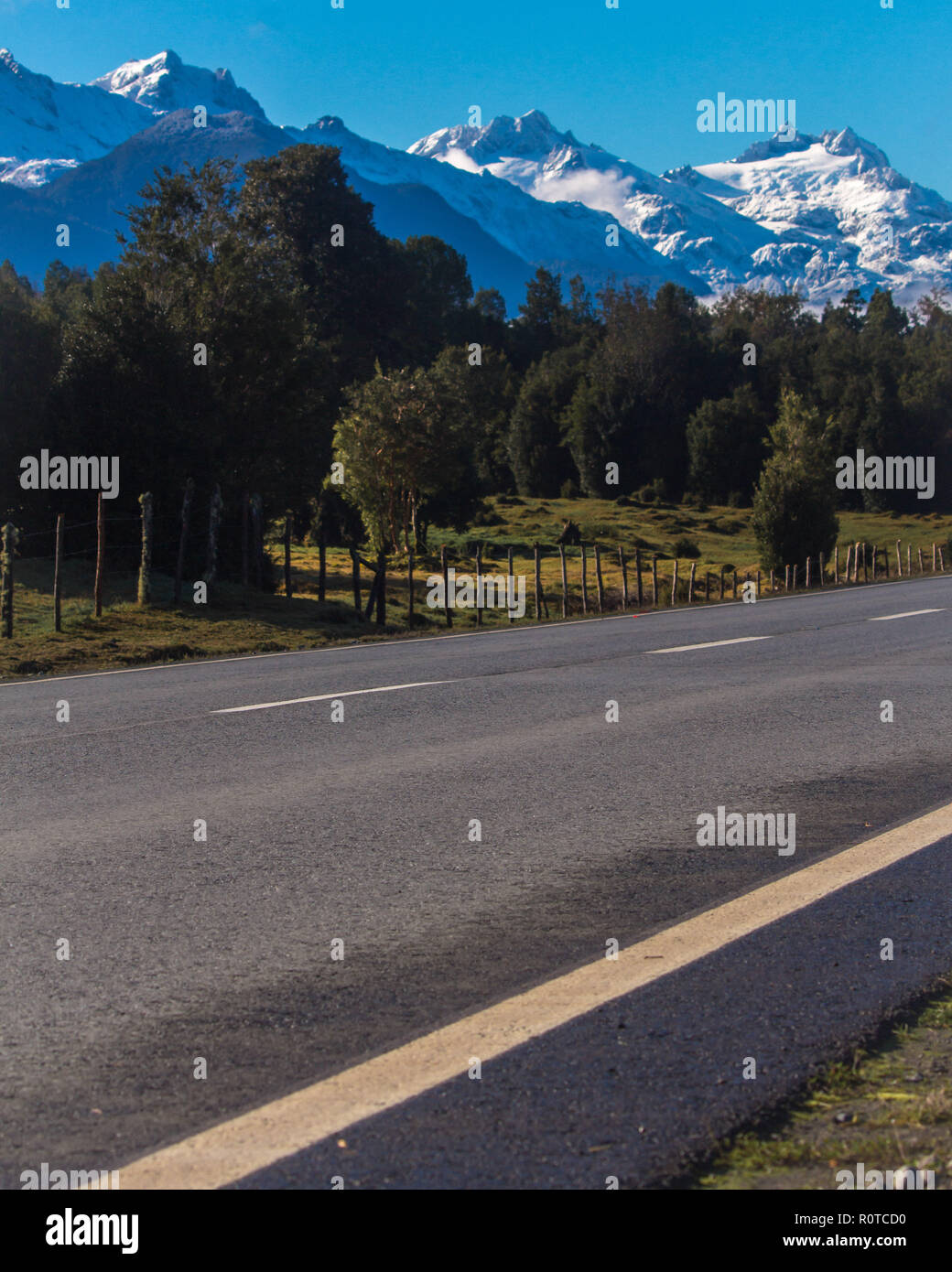 Austral Route asphalt part of austral route with trees and snowny mountains in the ...