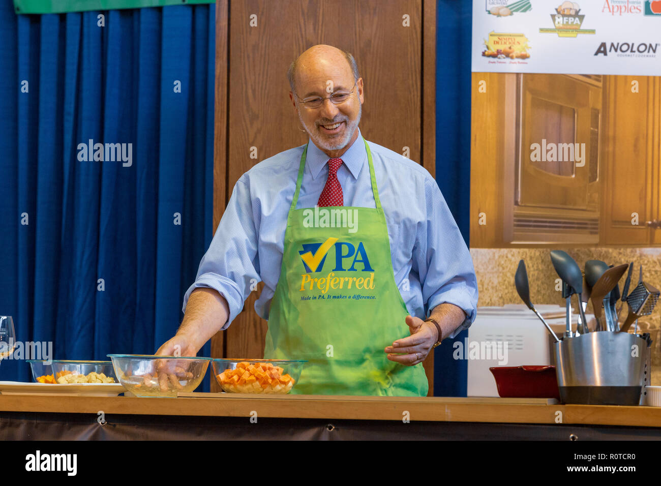 Harrisburg, PA, USA - January 9, 2017: Pennsylvania Governor Tom Wolf participates in a cooking demonstration at the annual PA Farm Show. Stock Photo