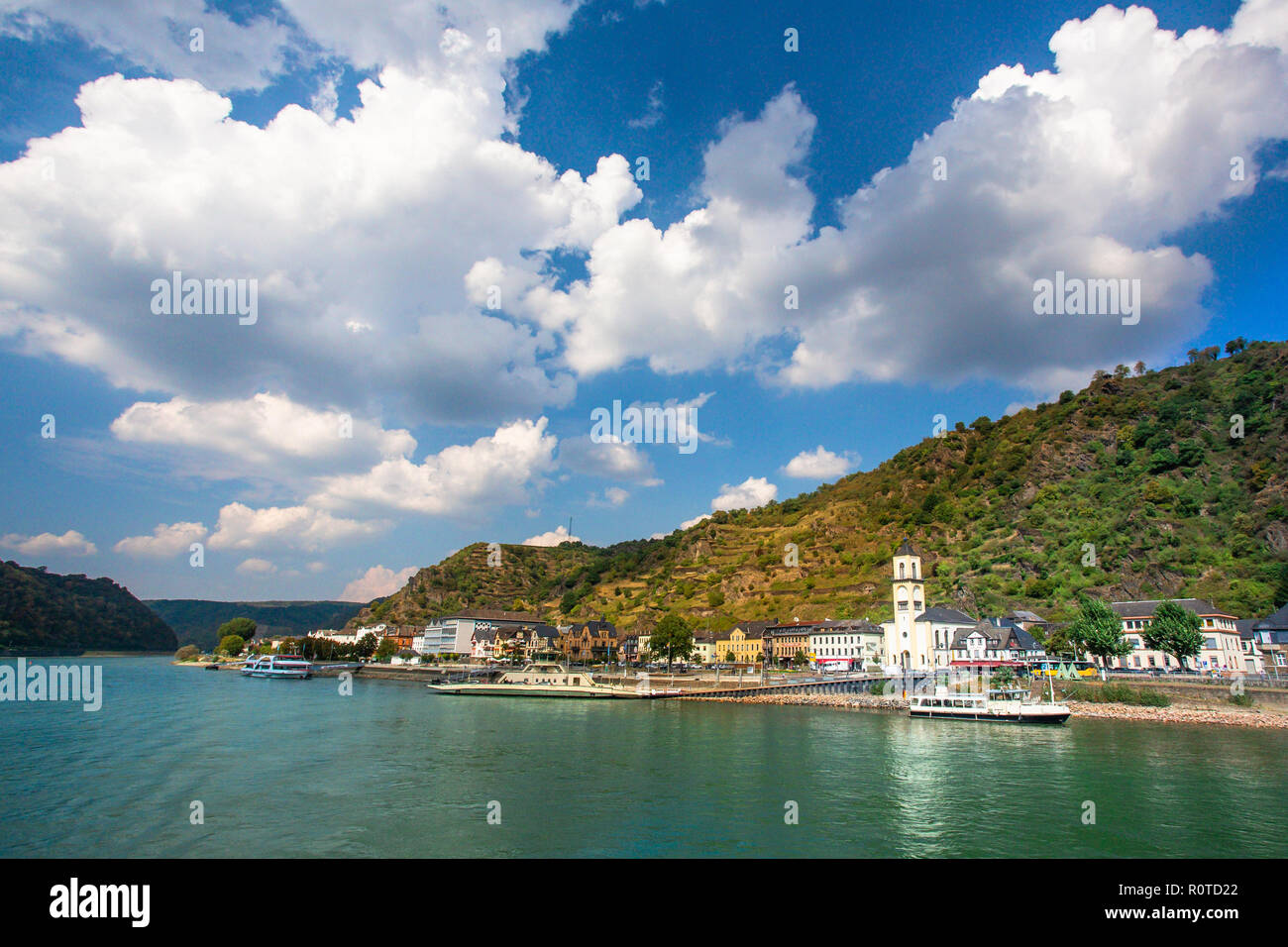 View along the beautiful Rhine River in Germany with the Village of ...