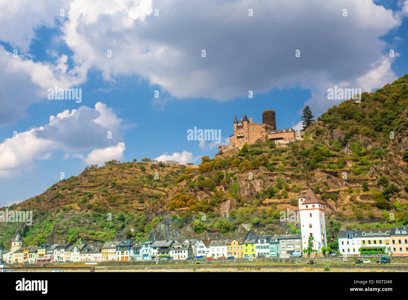View along the beautiful Rhine River in Germany with the Village of Sankt Goar in view Stock Photo