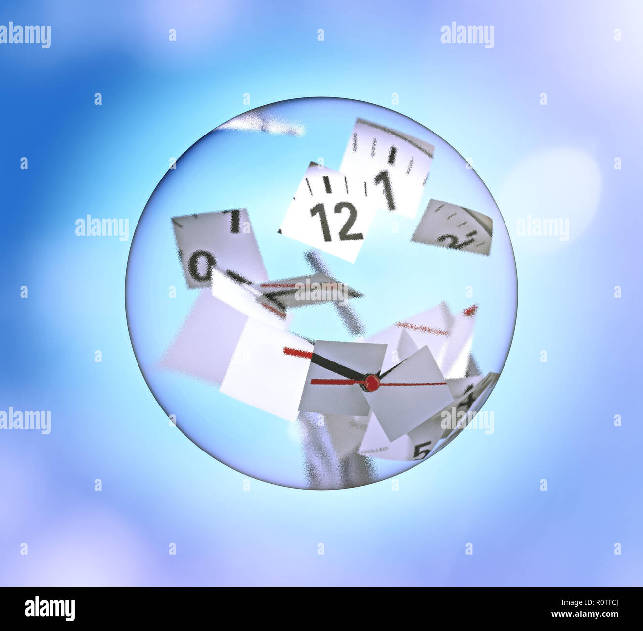 Clock broken into pieces inside a glass ball over a light blue bokeh background. 3D rendering illustration Stock Photo